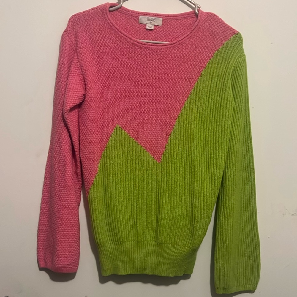 Cute Green & Pink quilt-like material sweater by Victor Glemaud!